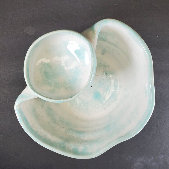 Handmade Studio Pottery Chip & Dip Bowl — Aqua Blue Glaze, Artisan Serveware - Picture 9 of 10